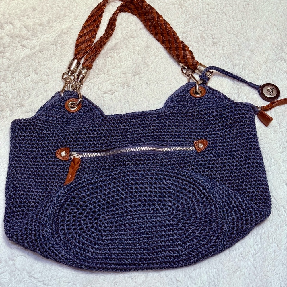 Vtg The Sak Handwoven Navy Blue Crochet Tote Bag with Leather Straps - Picture 2 of 13